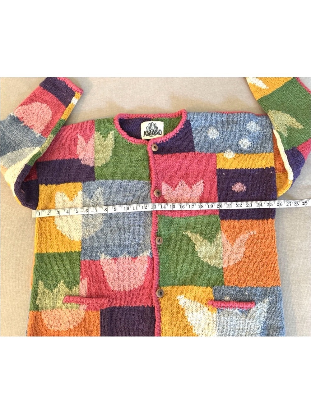 Vintage Amano Cardigan Women's
XL Multicoloured Tulips Handknit
Handmade Bolivia - Picture 4 of 6